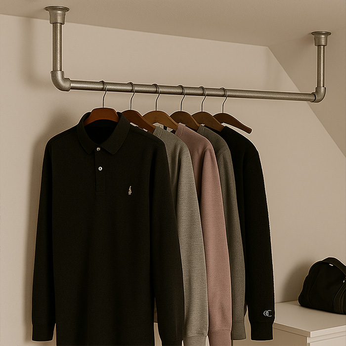 Takmonterad klädstång byggd av galvaniserade rör och kopplingar. Stilren DIY-lösning för klädförvaring i sovrum, walk-in closet och butiksmiljö.