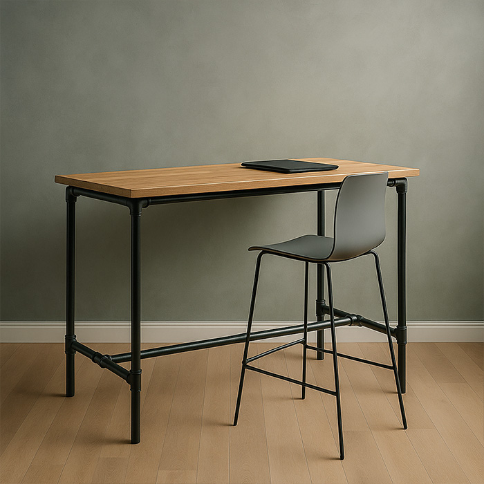 Skrivbord i industriell design byggt av rör och kopplingar med bordsskiva i trä. Inspirerande DIY-projekt för hemmakontor, arbetsrum och moderna inredningar.