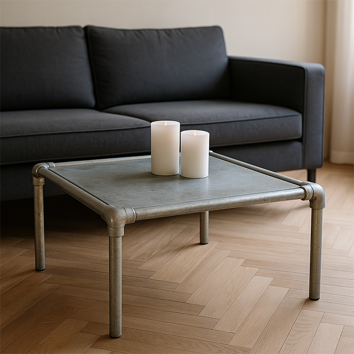 Soffbord i industriell stil byggt av galvaniserade rör och kopplingar. Inspirerande DIY-möbel för vardagsrum med robust konstruktion och modern design.